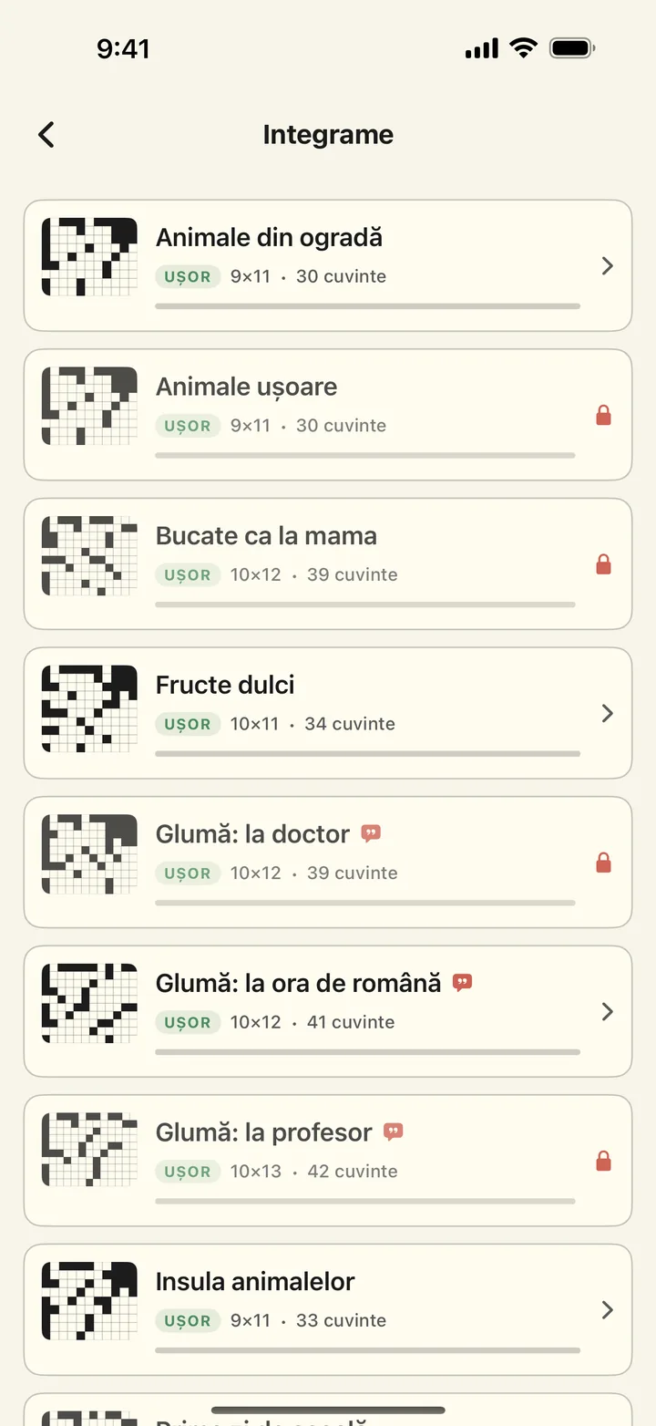 Lista integramelor cu miniaturi, nivel de dificultate și progres